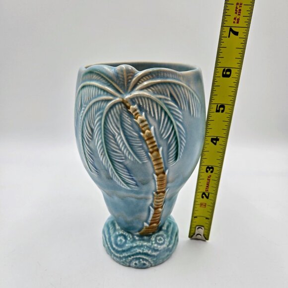 Vintage Beswick England 1072 Tropical Palm Tree Decorative Vase Aqua Blue Teal - Picture 2 of 11